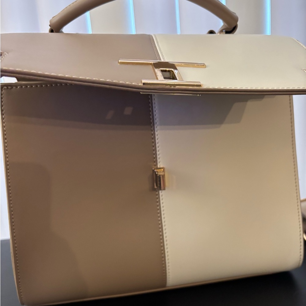 Trina Turk Taupe & Off White Top Handle Satchel Handbag with Detachable Strap - Picture 3 of 16